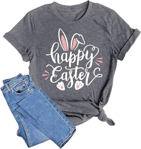 Image of Women Happy Easter T Shirt Bunny Rabbit Graphic T-Shirt Funny Letter Printed Shirts Short Sleeve Tops