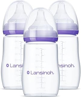 Lansinoh Anti-Colic Baby Bottles for Breastfeeding Babies, 8 Ounces, 3 Count, Includes 3 Medium Flow Nipples, Size M