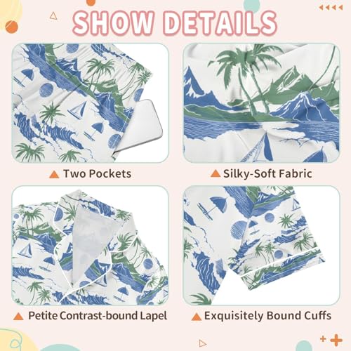senya Palm Tree Sailboat Mountain Wave Satin Summer Pajama Sets Silk Short Sleeve Button Down Sleepwear3