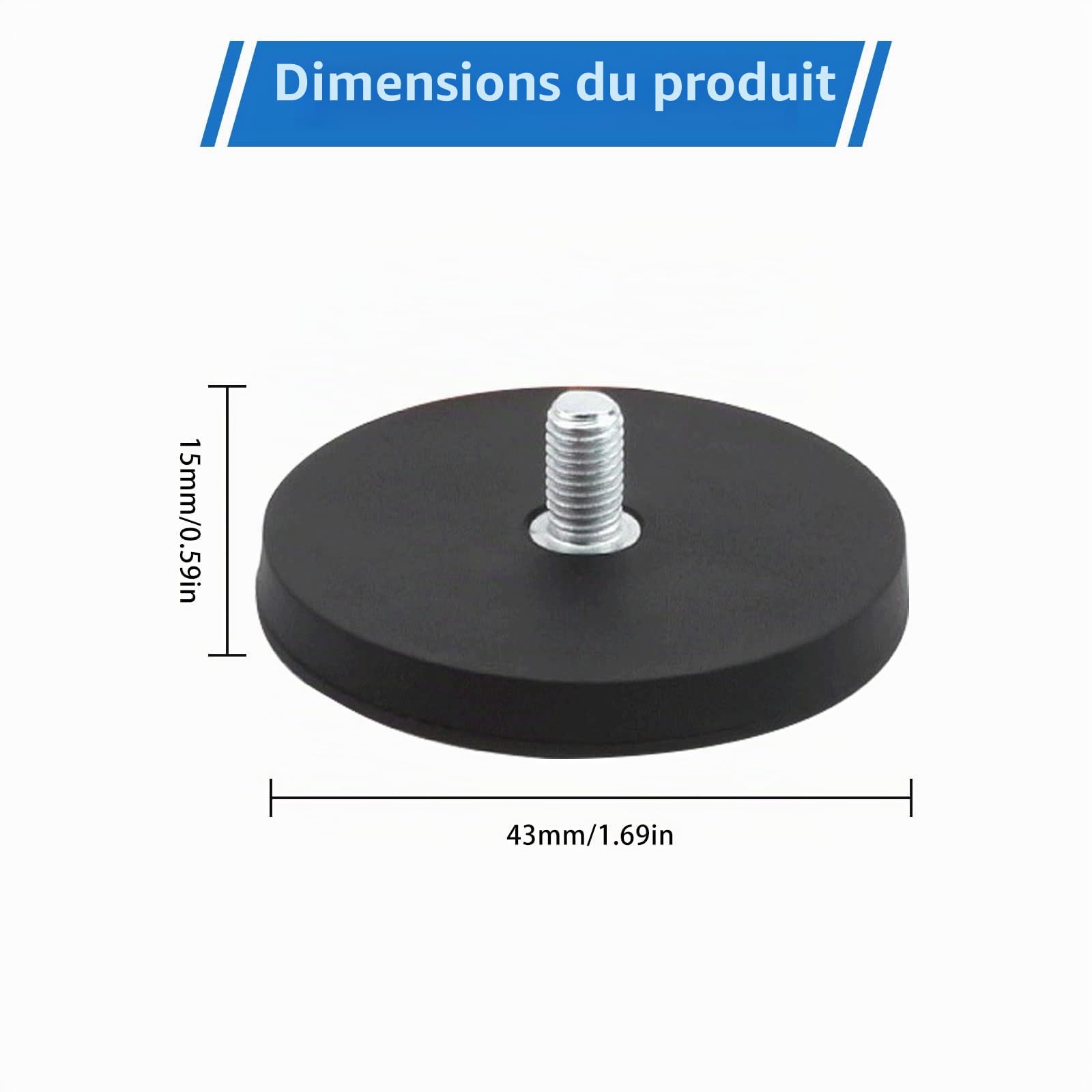 Lot de 20 aimants avec revêtement en caoutchouc, base ronde en néodyme de 43 mm avec filetage mâle M6, aimant puissant intégré, protection extérieure en caoutchouc pour l'éclairage, l'appareil photo