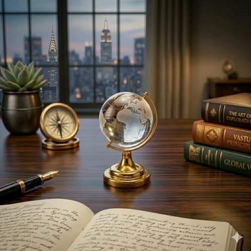 Image of SAUDEEP INDIA Feng Shui Crystal Globe Idol with Golden Stand for Home Decor, Success, Good Luck & Prosperity | Vastu Glass Miniature Globe | Rakhi for Brother with Gift