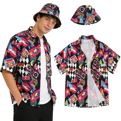 shyhand 80er 90er Jahre Vintage Hawaii Hemd Herren Damen Retro Kurzarm Tops Faschingskostüm Karneval Motto Party Festival Outfit