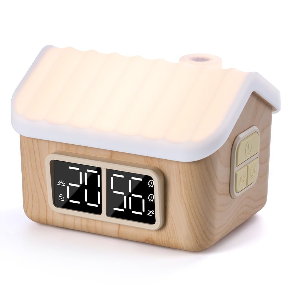 Azonee Fairy House-Shaped Alarm Clock with Touch Night Light, Sunrise Wake-Up Light, Snooze, Dual Alarm, Timer, Sleep Training, White Noise, Birthday Gift for Teens & Kids