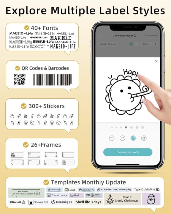 Makeid Bluetooth Címkéző Készülék - Hordozható Öntapadós Címkenyomtató 300DPI - iOS és Android Kompatibilis Vezeték Nélküli Feliratozó Fehér