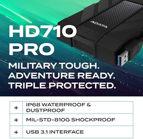 ADATA HD710 Pro - 2 TB External Hard Drive - Shockproof, Waterproof & Dustproof - Durable Storage - For Gamers, Students & Professionals - Mac, PC & Linux Compatible - Black - AHD710P-2TU31-CBK - 1
