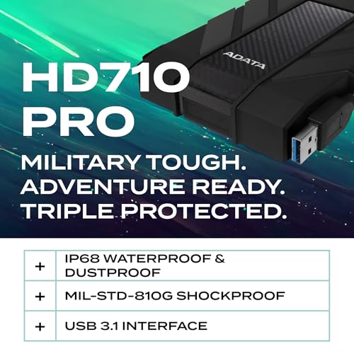 ADATA HD710 Pro - 2 TB External Hard Drive - Shockproof, Waterproof & Dustproof - Durable Storage - For Gamers, Students & Professionals - Mac, PC & Linux Compatible - Black - AHD710P-2TU31-CBK