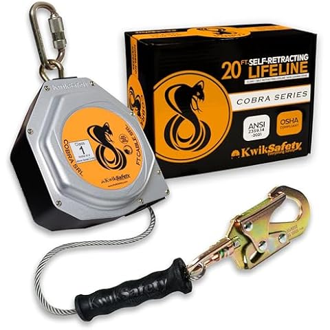 KwikSafety - Charlotte, NC - Cobra 20' Self Retracting Lifeline [NO Tangle Steel Cable] Class B SRL ANSI OSHA Retractable Fall Arrest Construction Roofing PPE Gear Cover