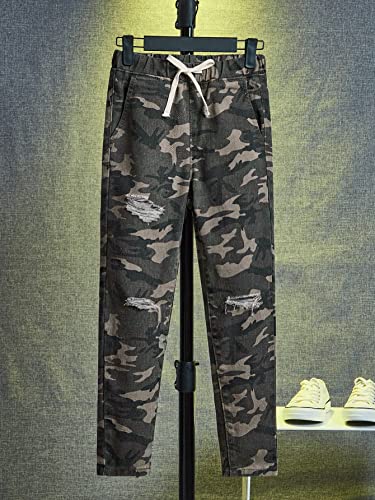 Wdirara Boy's Camo Print Drawstring Waist Ripped Jeans Denim Pants With Pockets Multicolor 10Y #TOP2