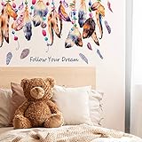 Maydahui Colorful Feather Vinyl Wall Decals Dream Catcher Wall Sticker (30 X 24 Inch) Peel & Stick Removable Native American Style Art Mural Decor for Kids Girls Bedroom Living Room Classroom Nursery