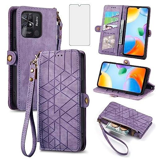 Asuwish Capa de telefone para Xiaomi Redmi 10C 4G/Poco C40 capa carteira com protetor de tela de vidro temperado e alça de pulso flip zíper suporte para cartão de crédito acessórios para celular