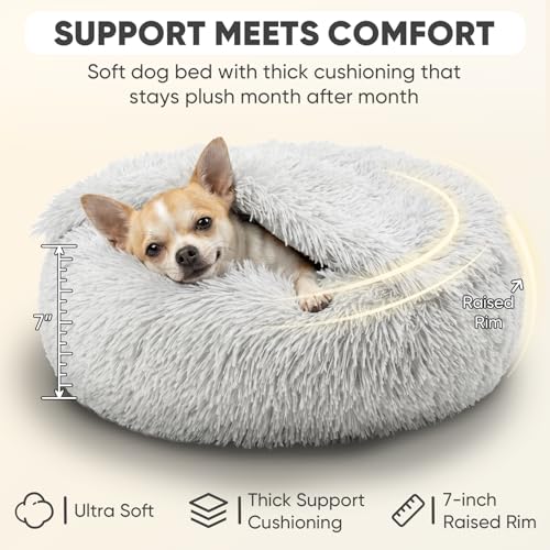 Image of Himax Small Cat & Dog Bed with Cover, Calming Dog Bed for Small Dogs,Anti-Anxiety Donut Dog Bed with Attached Blanket,Washable Round Fluffy Pet Bed (20 inch /26 inch /35 inch), Light Grey