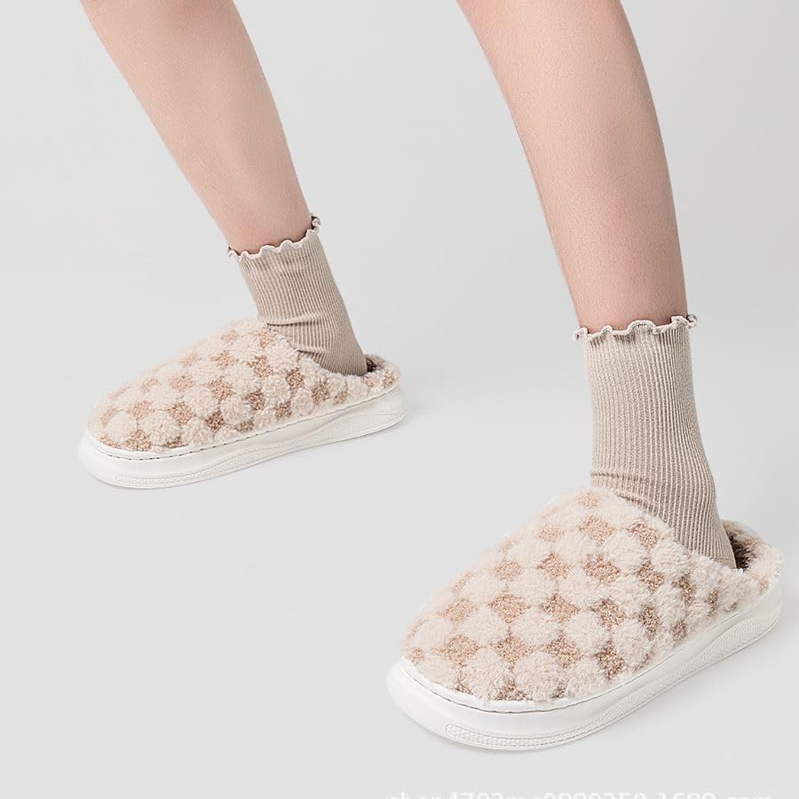 Cute Kawaii Multi Colored Checkered Plush Fuzzy Soft Warm Fluffy House Slippers for Women Anti-Slip Rubber Sole Slides4
