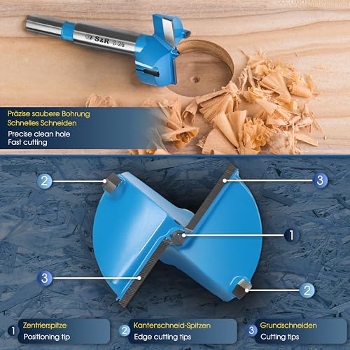 S&R Forstnerbohrer-Set für Holz 5-tlg, 15, 20, 25, 30, 35 mm in Holzbox, Forstner Bohrer mit ultrascharfen Wolframkarbid Hartmetall Schneiden, zuverlässige präzise Topfbohrer, Forstner-Bits