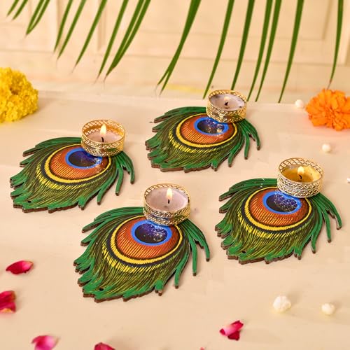 Image of Ascension Decorative Peacock Tealight Candle Holder Stand Set of 4 Mor Pankh Design Reusable Diya for Diwali Decor Rangoli Decoration Items, Home Decor, Diyas Indoor Outdoor Office Gifting, (Big)