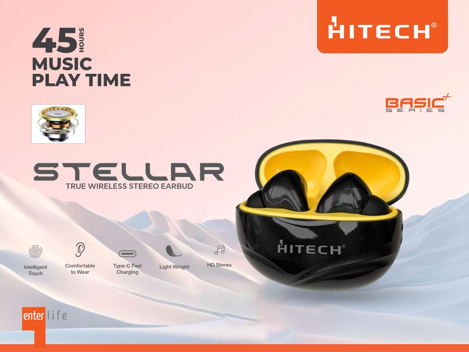 Image of HITECH Stellar True Wireless Stereo Earbuds, Bluetooth 5.4V, 4-5 Hours Music Play Time, Type-C Charging Case, Black & Yellow