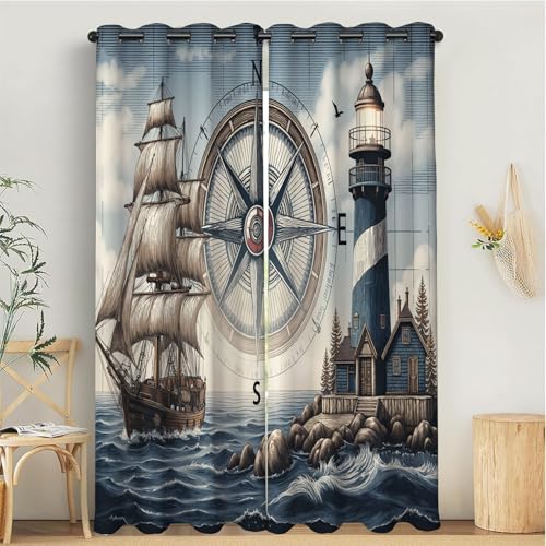 MULERN Cortinas Opacas Aisladas Térmicamente con Ojales, Diseño de Faro Barco Brújula, Aspecto Tema Náutico, Cortina Térmica para Salón Dormitorio, 2 Unidades 140An x 175Al cm, Gris Azulado