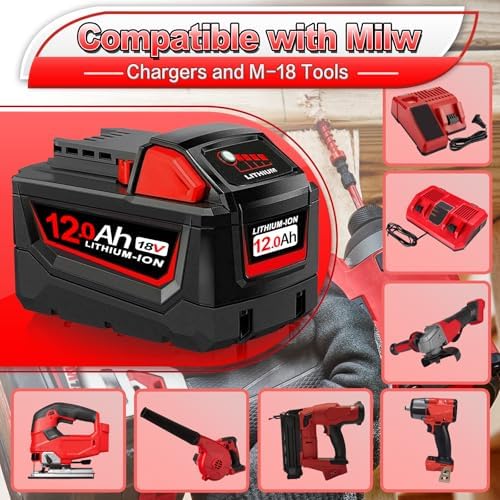 2X M18 18V 12.0Ah Li-ion Replacement for Milwaukee Battery Compatible with Milwaukee M18 Battery 48-11-1820 48-11-1840 48-11-1850 2646-60 with LED Indicators for Cordless Power Tools (M18*2) - 5