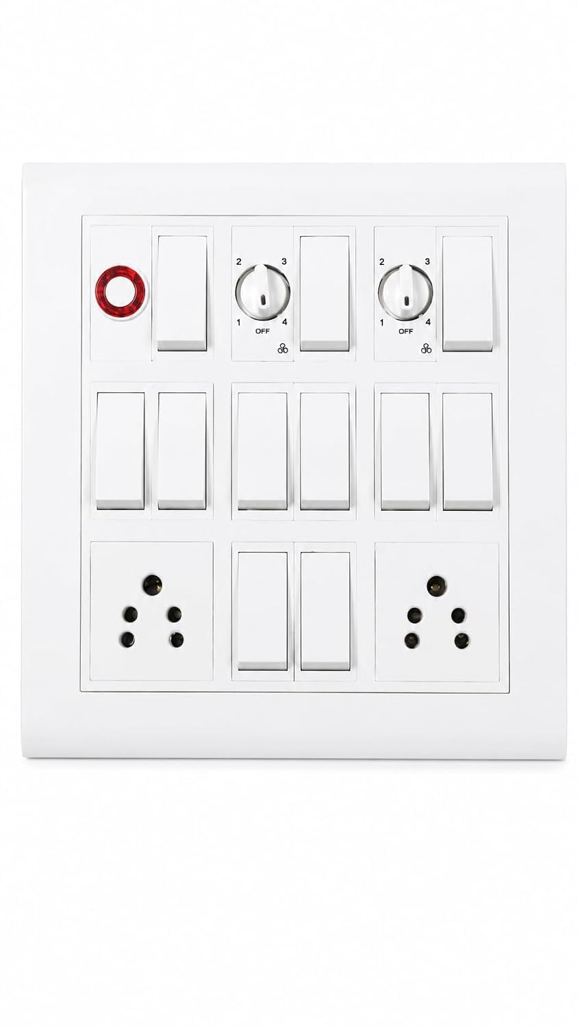 Modular Electrical Switch Board with Dual Fan Regulators, 2 Universal Power Sockets, Multiple Switches & Indicator Light | White Wall Mount Panel for Home, Office & Commercial Use-image-42
