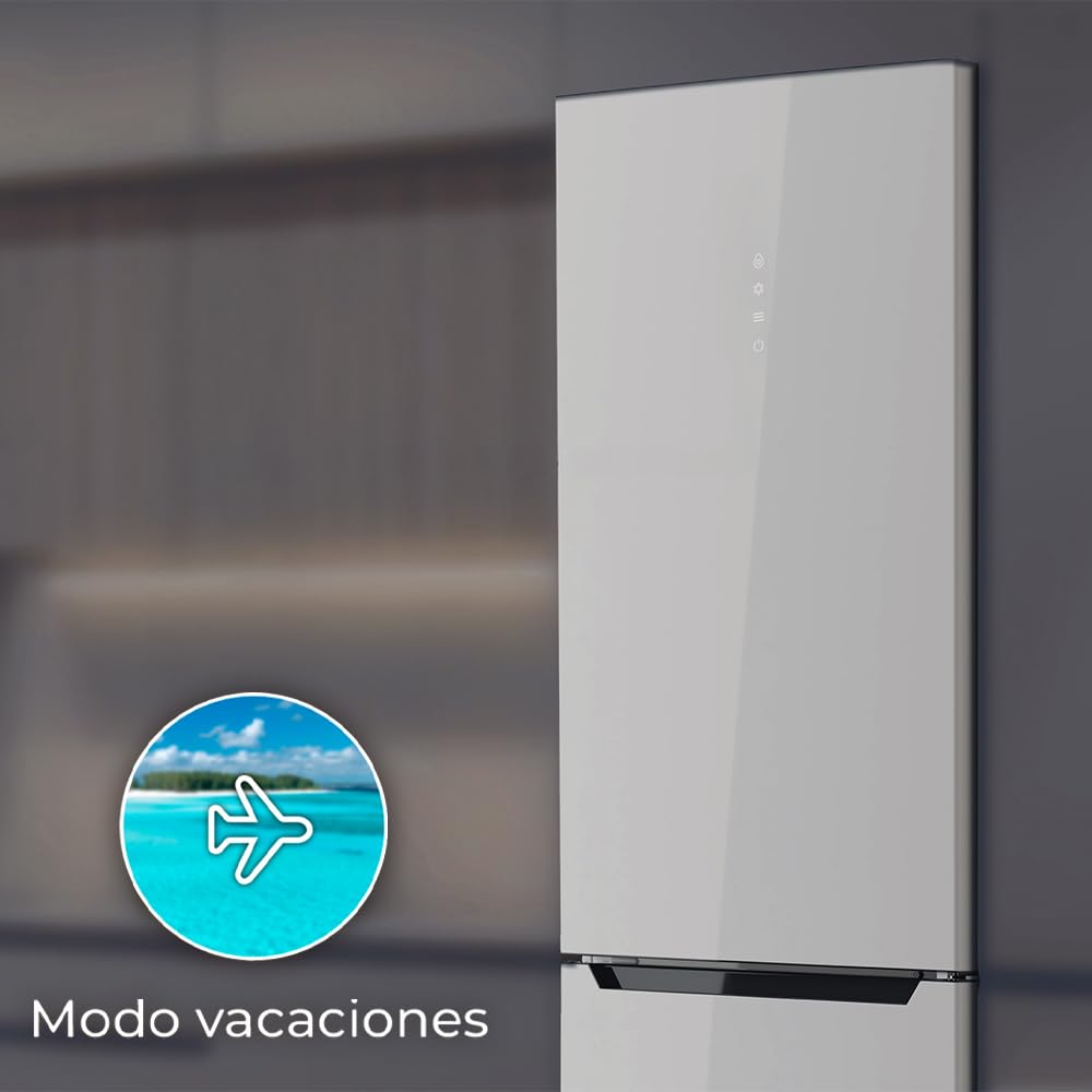 Cecotec Bolero CoolMarket Combi 356 White Glass E. 356L, Total No Frost, Multi Airflow, tryb wakacyjny, wilgotność pudełka, odwracalne drzwi, alarm drzwiowy.