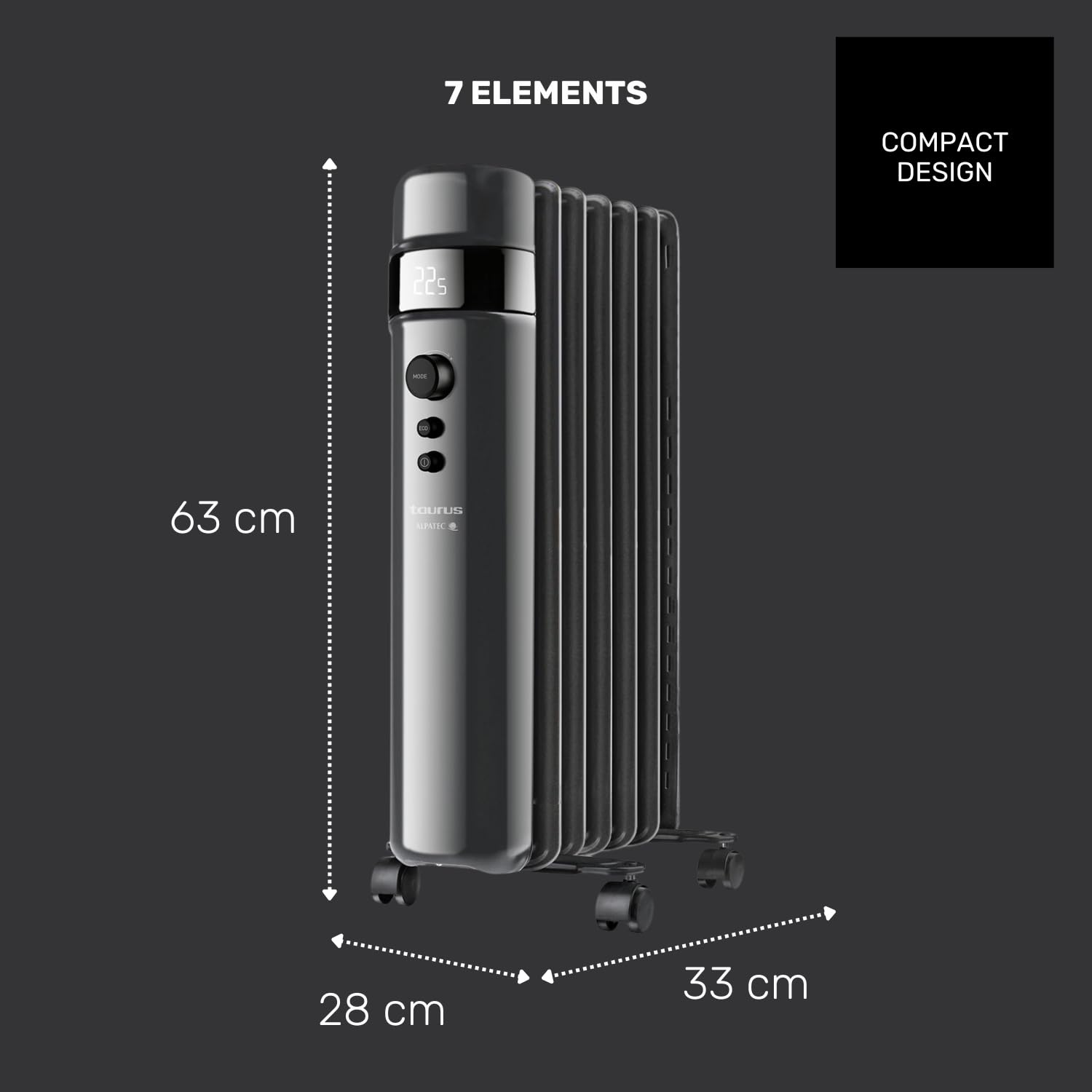 Taurus 1500 - Radiador de aceite. 1500W. 3 niveles de potencia. 7 elementos. Pantalla digital. Selector de potencia. Temporizador. Programable. ModoECO. Temperatura ajustable de 5 a 35ºC