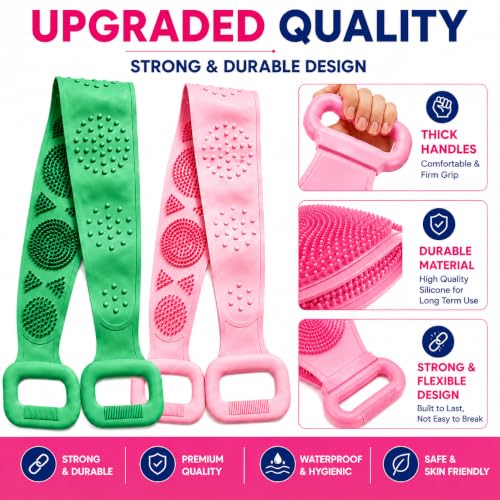 Image of Casa Zura Back Scrubber for Bathing, Silicone Body Scrubber for Bathing, Bath Belt Scrubber, Body Back Scrubber for Men & Women, Long Silicone Bath Brush for Exfoliating & Deep Cleaning, Pack of 2 multicolour