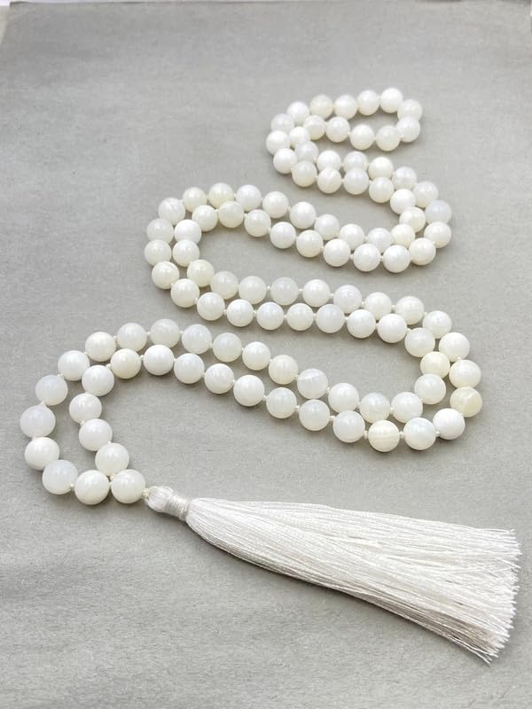 Natürliche AAA Perlmutt Mala, Gebetskette 10mm, Tibetische Mala, Geknotete Mala, Perlmuttkette, 108 Perlen Mala Halskette, Mantra/Yoga/Japa Mala