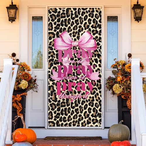 MKIJUHB Leopard Print pray Door Cover Decoration 35 * 79 in, Leopard Pink bow Christian Decor for Indoor Outdoor Party Decorations