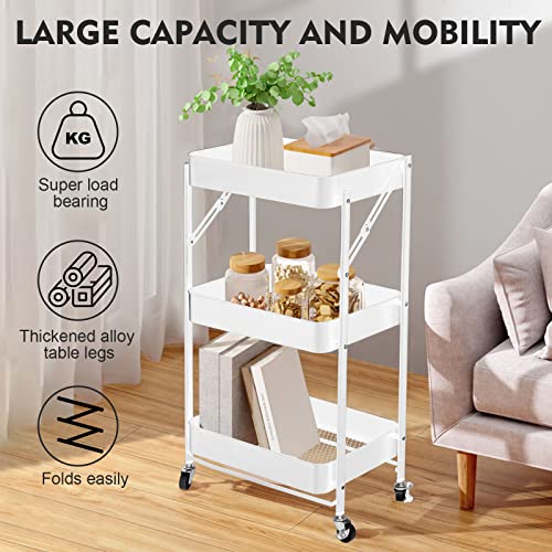 سكاي-تاتش منظم بعجلات من 3 طبقات، منظم عربة معدنية دوارة قابل للطي، عربة تنظيم متعددة الاغراض مع عجلات للمطبخ وغرفة النوم والحمام والمكتب وغرفة الغسيل والجراج، ابيض
