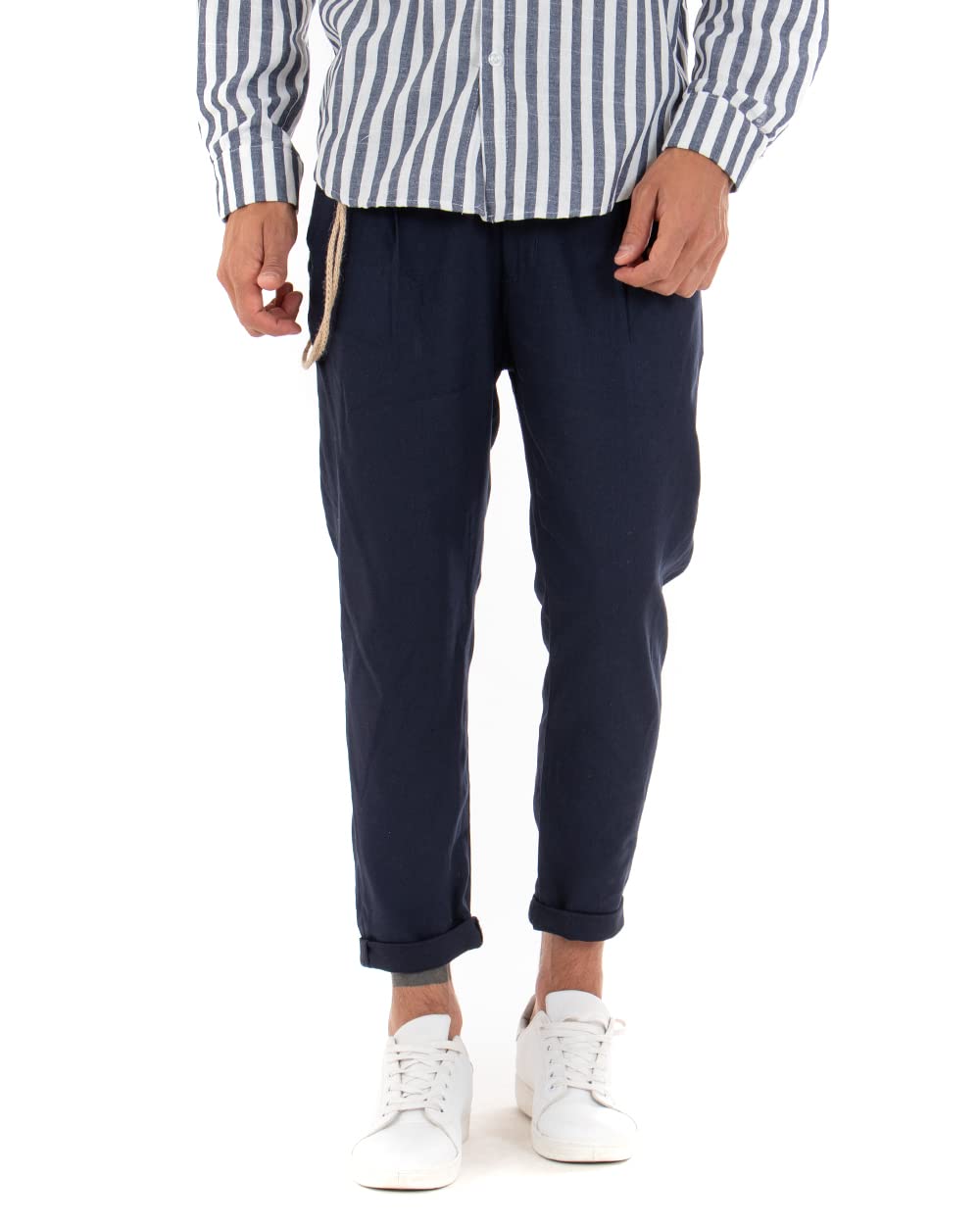 Giosal- Pantalone Elegante Uomo di Lino Tinta Unita con Catena,Modello Tasca America Vari Colori