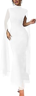 Women Sexy Elegant Formal Mock Neck Flare Sleeve Mesh Evening Gowns Maxi...