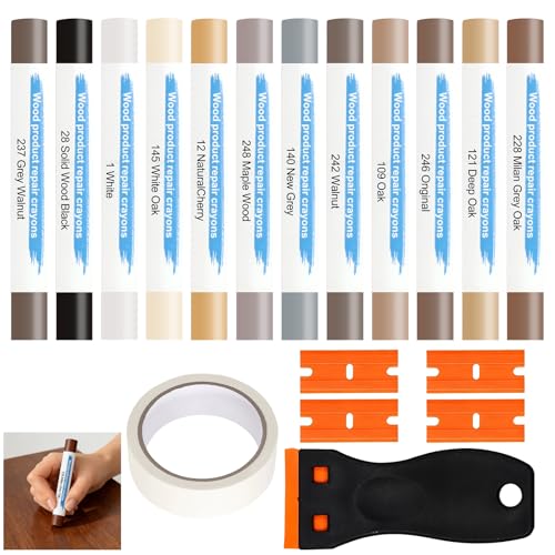 Set de 12 Barras Colores Masilla para Madera, Reparador Arañazos Madera con Espátula Cinta, Cera Reparador Madera, Masilla Reparadora Madera para Laminado, Parquet para Agujeros, Arañazos y Grietas