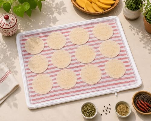 Image of Kuvru Cotton Drying Cloth with Net, Red Stripe, 73 x 91 cm, Breathable, Washable, Reusable, for Papad, Vadagam, Spices, Millets,Sun dry Wadiyan or Badiyan and Sun Dry Mango for Pickle (Redstripe P1)