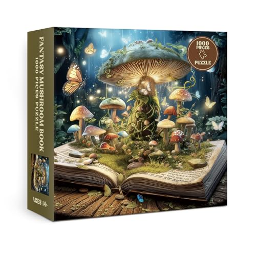 Fantasy Mushroom Book Puzzle 1000 piezas para adultos, rompecabezas de bosque mágico de hongos y plantas, rompecabezas vintage de naturaleza con mariposas y árboles miniatura 2