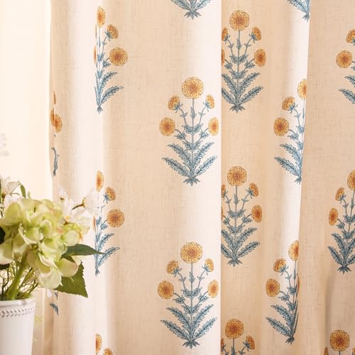 Image of ISAENNE Designer Vintage Linen Printed Curtain,2 Panels,87 inchx65 inch-Estevan A | Elegant Curtains with Grommets 87 inches long,Pale Yellow Floral Pattern Decor Draps,kitchen Bedroom Living Room Window