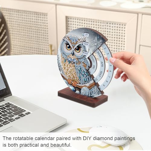 Image of 3D Diamond Art Tabletop Calendar Kit, DIY Wooden Perpetual Desk Ornament with Snow Owl Design, Sparkling Diamond Painting Craft for Winter Desktop Decoration