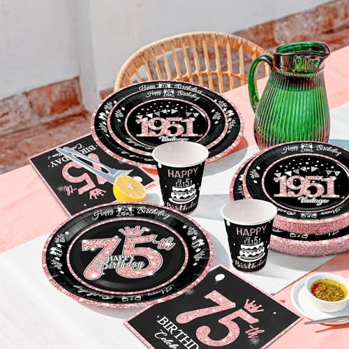 Image of 75th Birthday Decorations Rose Gold, Service for 30, Vintage 75th Birthday Party Supplies Includes Rose Gold 1951 Plates, Napkins,Cups, Plates and Napkins for Women