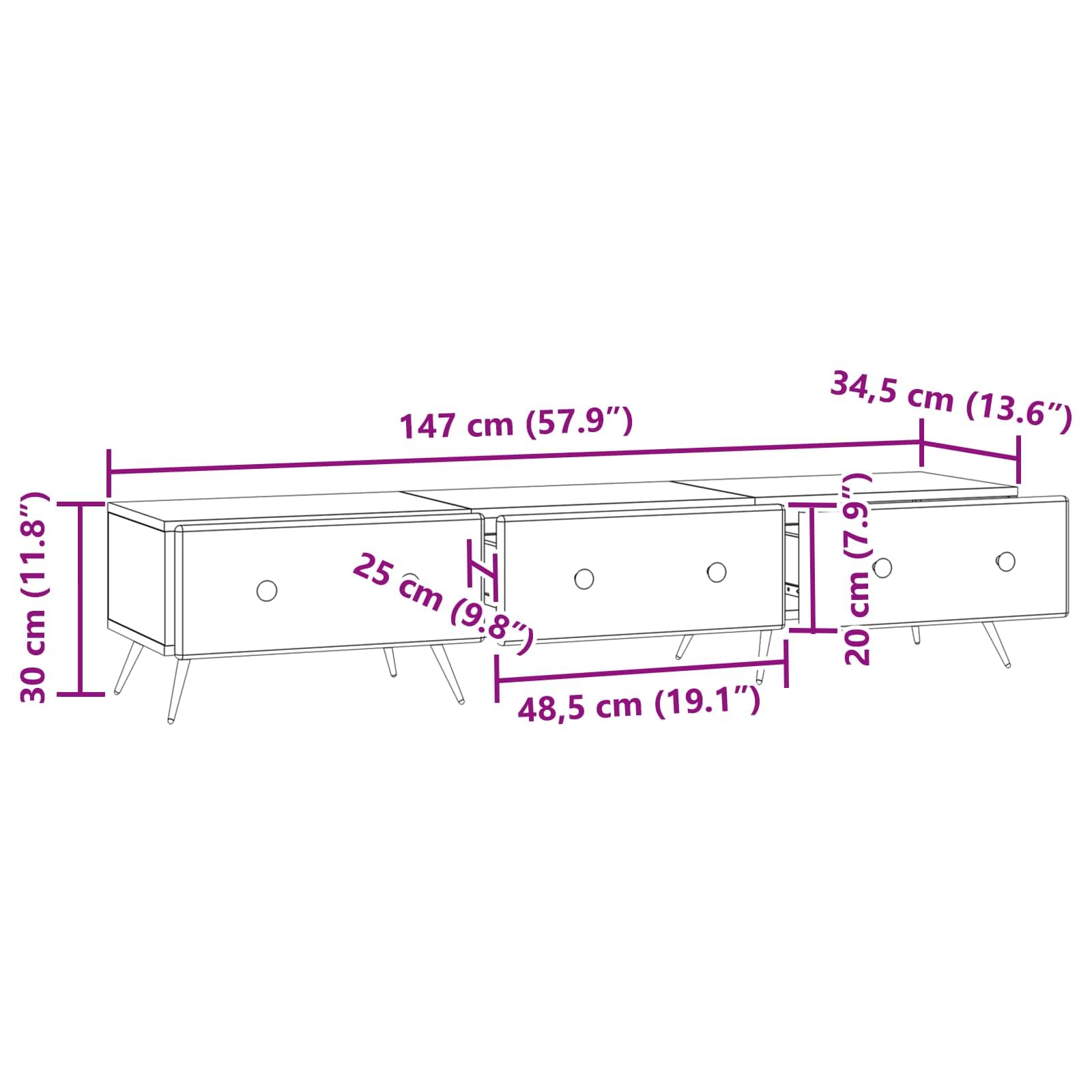 Mobile TV in legno anticato, 147 x 34,5 x 30 cm, moderno supporto TV con ripiani e cassetti, molto spazio per lettori multimediali e DVD, design compatto per piccoli appartamenti