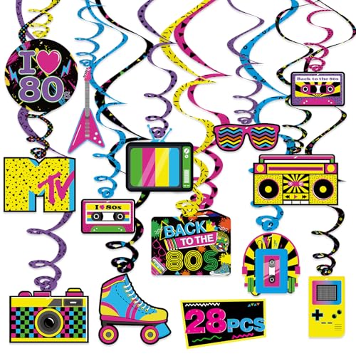 Image of Bessmoso 80s Party Decorations 28PCS Retro Hanging Swirls Party Decor