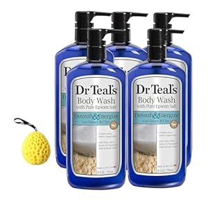 Dr. Teals Salt Body Wash, 24 Fl Oz Bundle Bath Sponge, Luxurious Soothing Body Wash Salt with Aloe Vera, Shea Butter & Vitamin E for Skin Hydration, Refreshing and Detoxifying [ Pack of 5