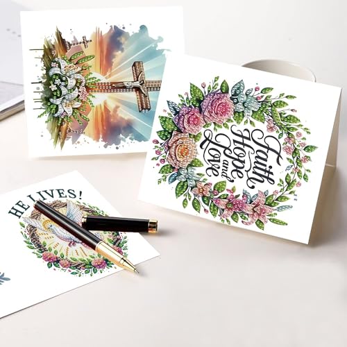 Image of AiYuanzsh 6 Pack Diamond Art Greeting Cards with Envelopes, Religious Diamond Painting Cards Kit, DIY 5D Diamond Art Cards Set, Cross Bible Dove Designs for Christmas, Birthday, Holiday
