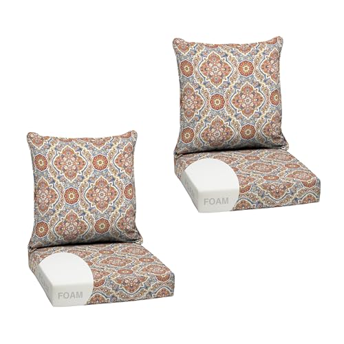 Image of Arden Outdoor Foam Deep Seat Cushion Set, 2-Pack, 24x24, Premium High-Density Foam, Never Flattens, Weather-Proof for Patio Chair Sofa Couch, Global Vintage Medallion