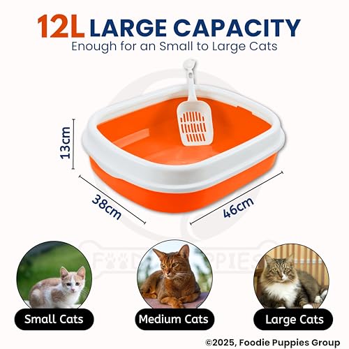 Image of Foodie Puppies Cat Litter Box Tray with Rim and Scooper - (Orange) (Large, 46 x 38 x 13 cm) | Semi-Closed Design and Durable Quality | Pet Litter Sand Tray Suitable for All Adult Cats & Kittens