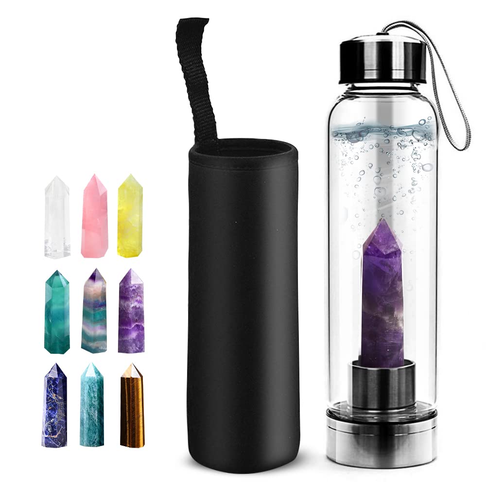 HINATAA Kristall Wasserflasche, Abnehmbare Heilende Natürliche Quarz Wasserflasche 550ml (Lila)