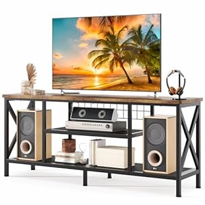 Gizoon 59.8″ Industrial TV Stand for 55-65 Inch TVs, Rustic Brown, 3-Tier Media Entertainment Center with Open Shelves, Metal Frame, Sofa Table for Living Room, Bedroom, Office