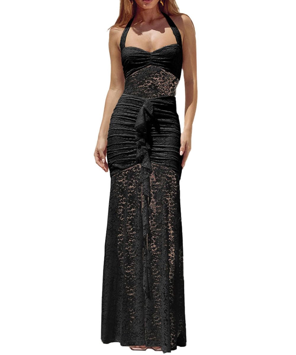 ABINGOO Womens Sexy Halter Backless Maxi Dress Lace Ruched High Slit Summer Dresses Party Cocktail Prom Long Dress