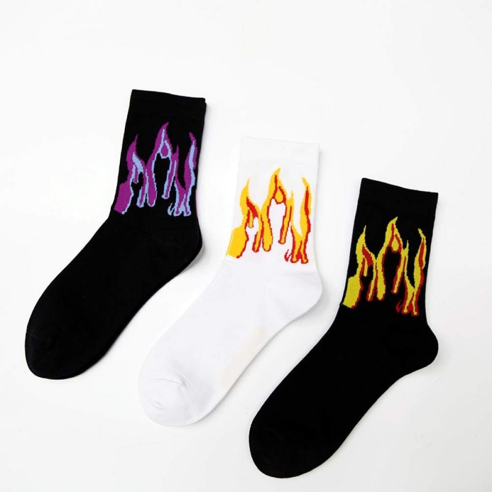 Lankater Unisex As Shown 3 Pair Flame Printed Socks, Hip Hop Skateboard Socks, Cotton Sports Socks