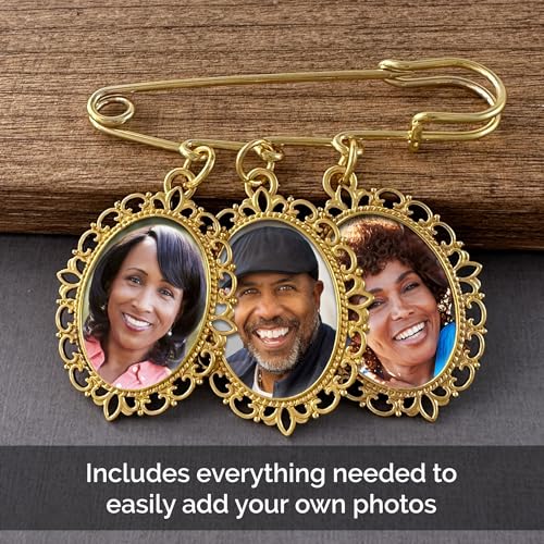 Gold Wedding Bouquet Photo Charm Pin Keepsake for Bridal Bouquet Flowers Memory Charm or Gold Memorial Boutonniere Pin for Groom Add 3 of Your Own Pictures Includes Resizer3