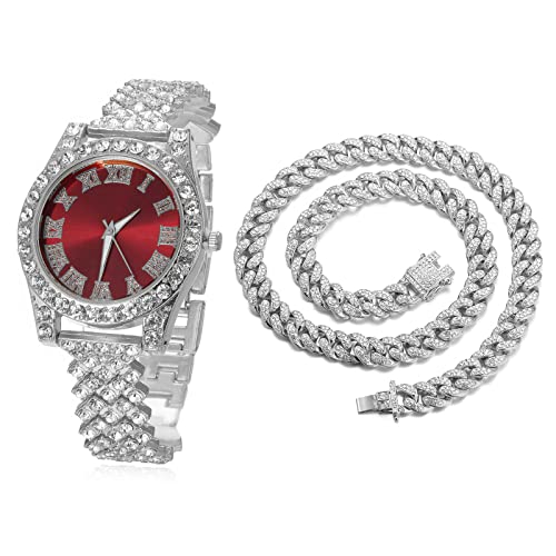 Image of Halukakah Diamonds Gold Watch Iced Out, Kid's 18K Real Gold /Platinum White Gold Plated 36MM Width Green /Blue /Red Dial Quartz Wristband 8 inch with Cuban Link Chain 7 inch+16 inch Bracelet, Free Giftbox