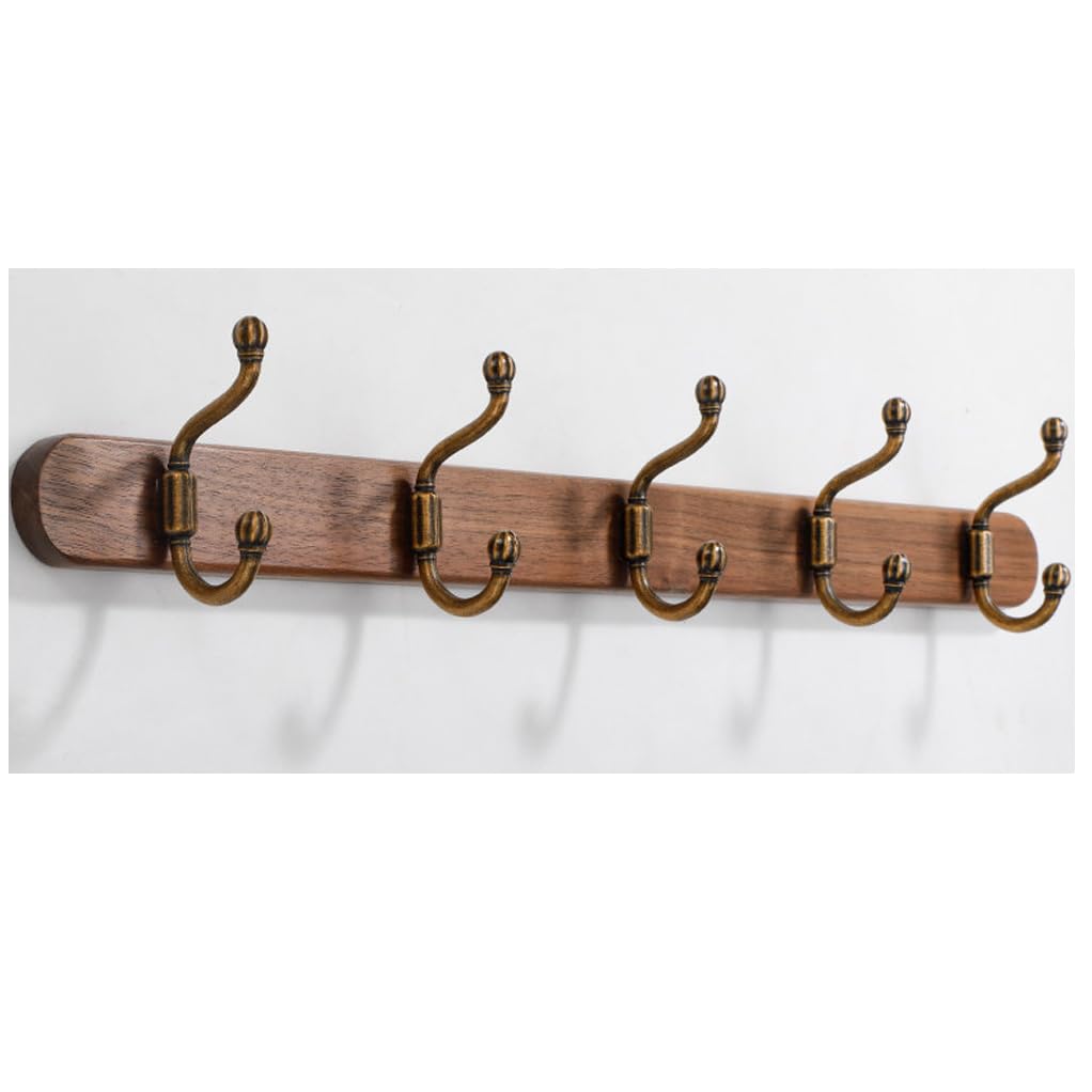 QPKZ Walnut Wood Coat Rack Wall Mount, Metal Woodden Wall Hooks Entryway Hanging Rack Coat Hooks Rail Clothes Towel Racks for Coat, Bag, Towel, Key, Hat, Umbrella 5hook
