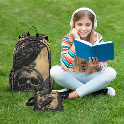 Gothic Raven Skull Moon Backpack for School Boys Girls and Teens, Backpack for Men and Women, Lightweight Bookbag with Lunch Box Travel Laptop Daypack 18.5 x 11.8 In2